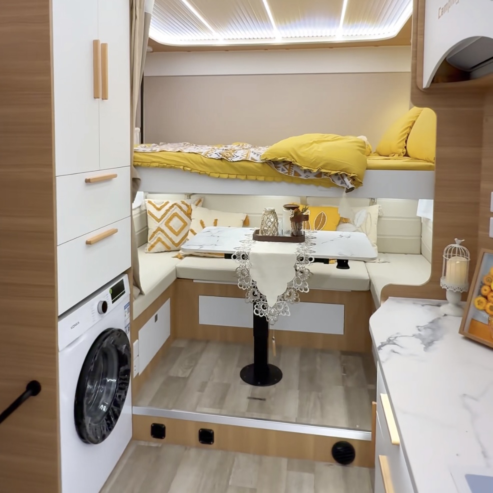 campervan interior aluminum RV furniture layout with lightweight cabinets bed and dining table