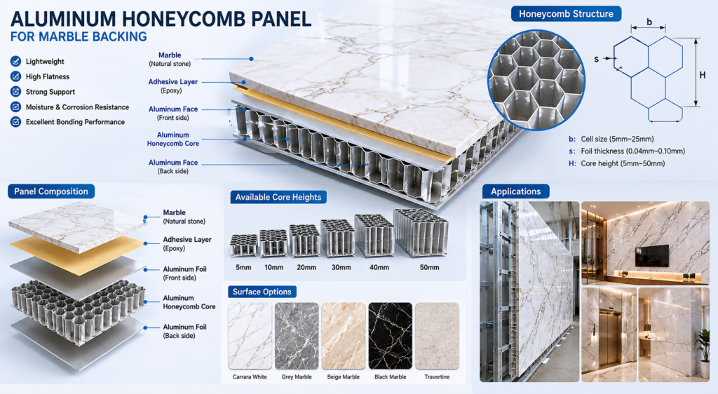 Aluminum honeycomb panel for marble backing