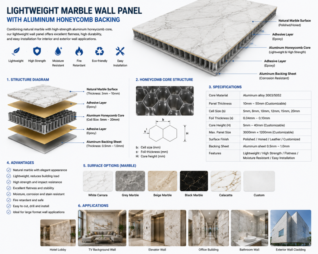 Lightweight marble wall panel with aluminum honeycomb backing