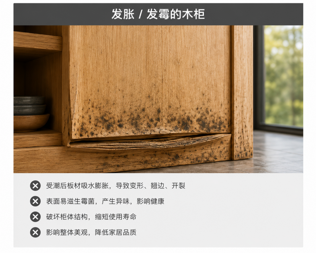 best-cabinet-materials-for-beachfront-villas - The wooden cabinet is swollenmoldy