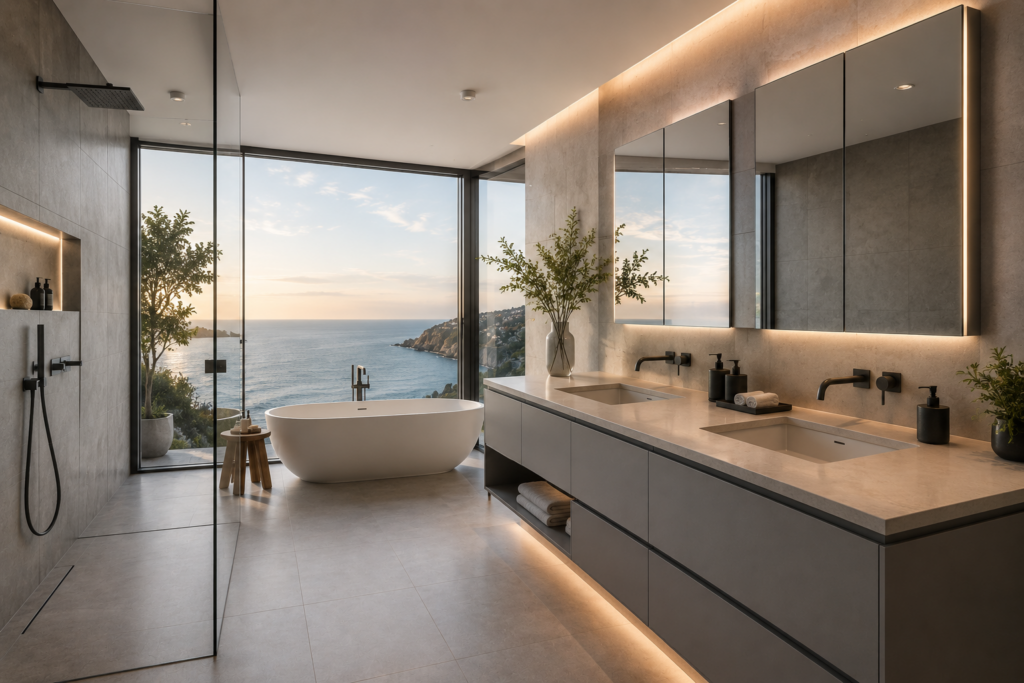 Coastal bathroom vanity system with moisture-proof aluminum honeycomb panels