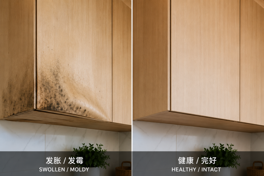 Traditional wood cabinet damage caused by coastal humidity and salt air