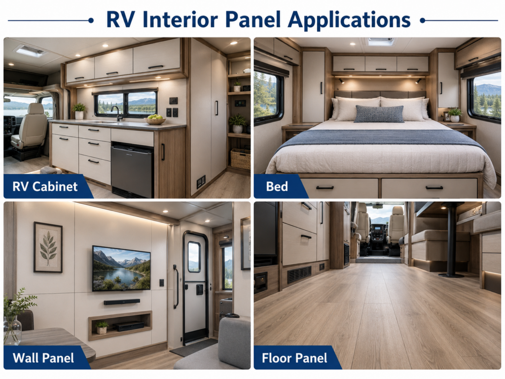 RV furniture and interior applications using aluminum honeycomb panels
