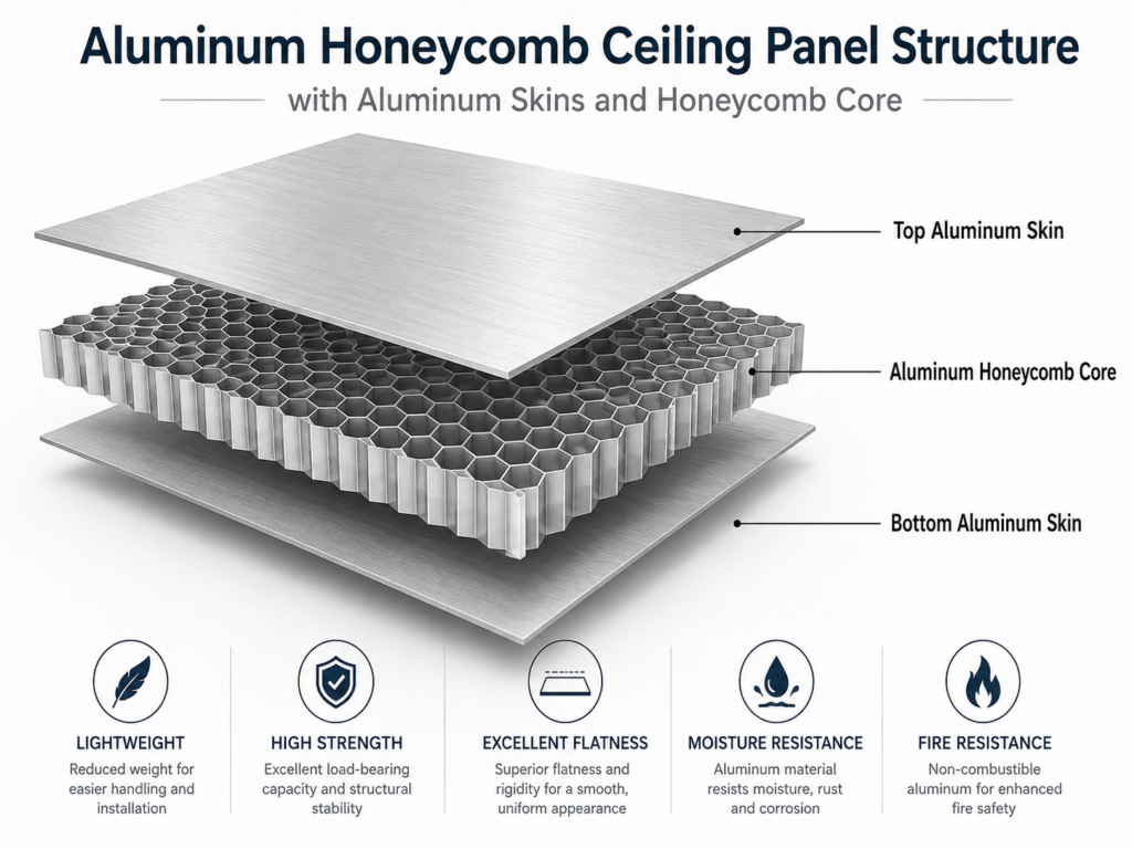 Aluminum honeycomb ceiling panel structure with aluminum skins and honeycomb core