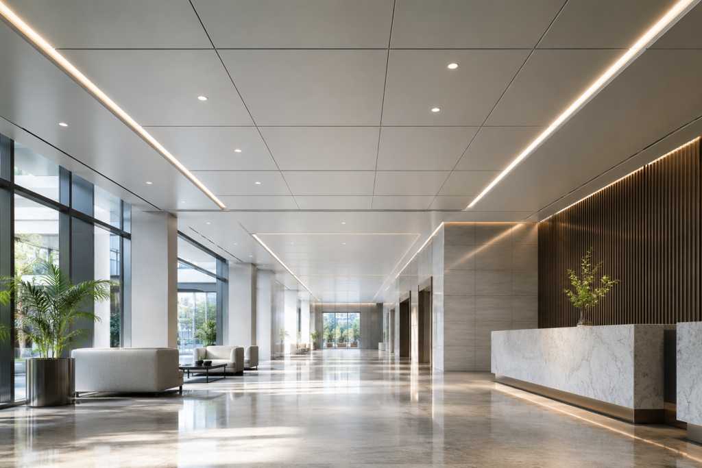 Aluminum honeycomb ceiling panels for commercial building interiors
