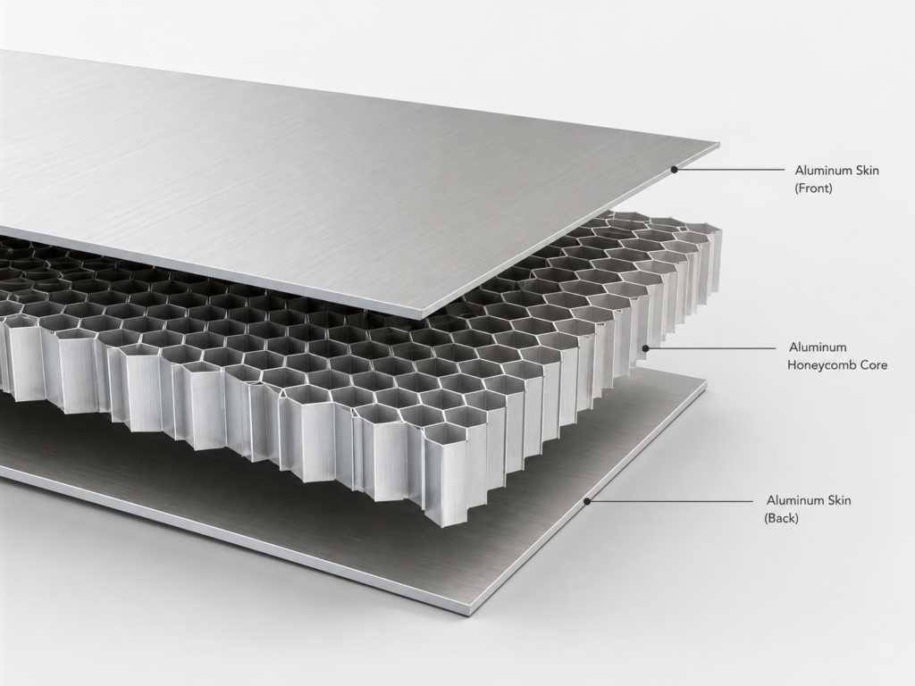 Aluminum honeycomb door panel structure with aluminum skins and honeycomb core