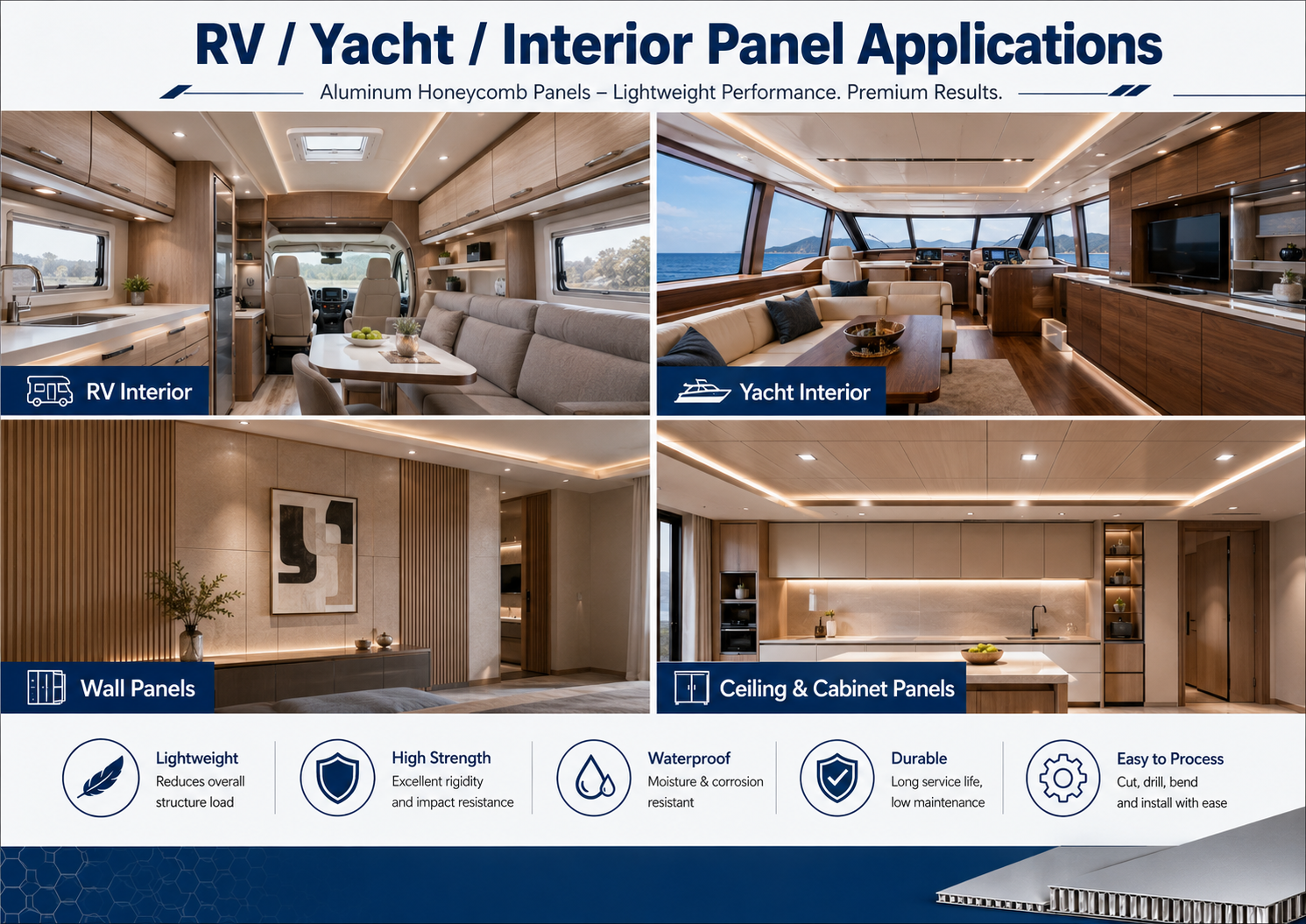 Aluminum honeycomb panel for RV yacht and vehicle interior applications