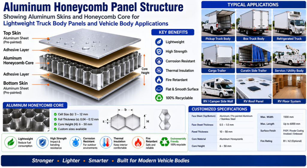 Aluminum honeycomb panel structure for lightweight truck body panels