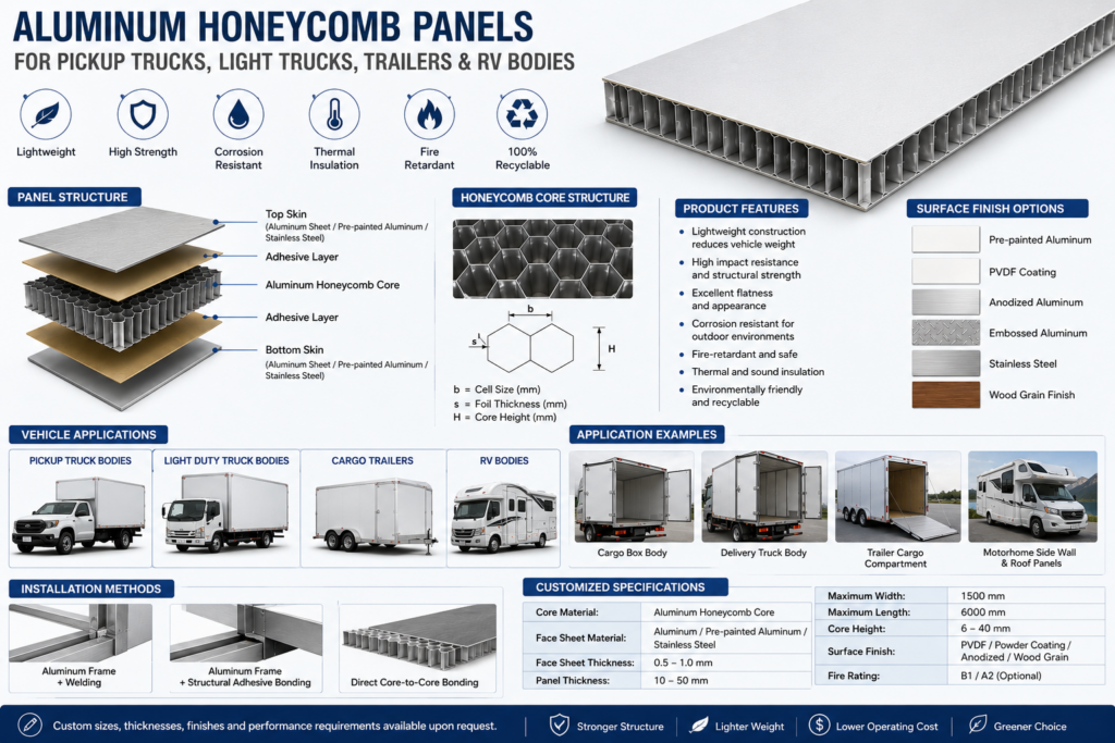 Aluminum honeycomb panels for truck bodies and utility vehicle panels