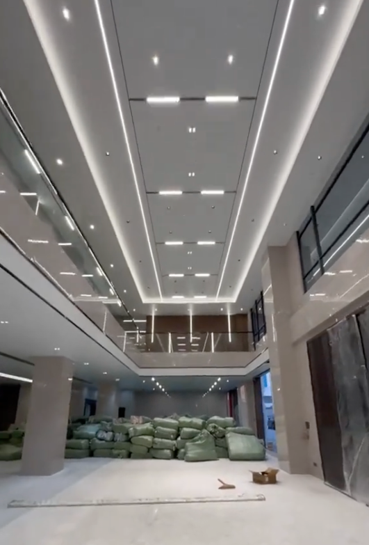 Double-height commercial atrium with aluminum honeycomb ceiling panels and integrated linear LED lighting