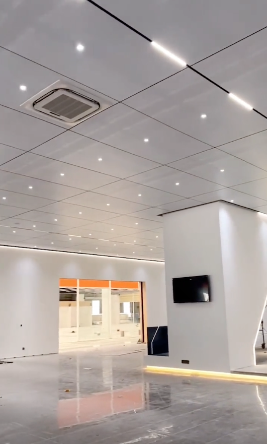 Large-format aluminum honeycomb ceiling panels installed in a spacious modern commercial lobby