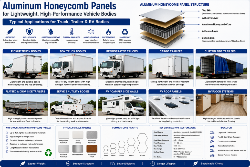 Lightweight vehicle body panel applications for trucks trailers and RVs