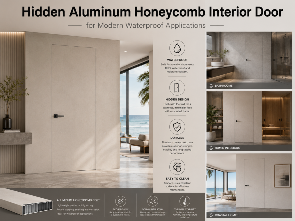 Hidden aluminum honeycomb interior door for modern waterproof applications