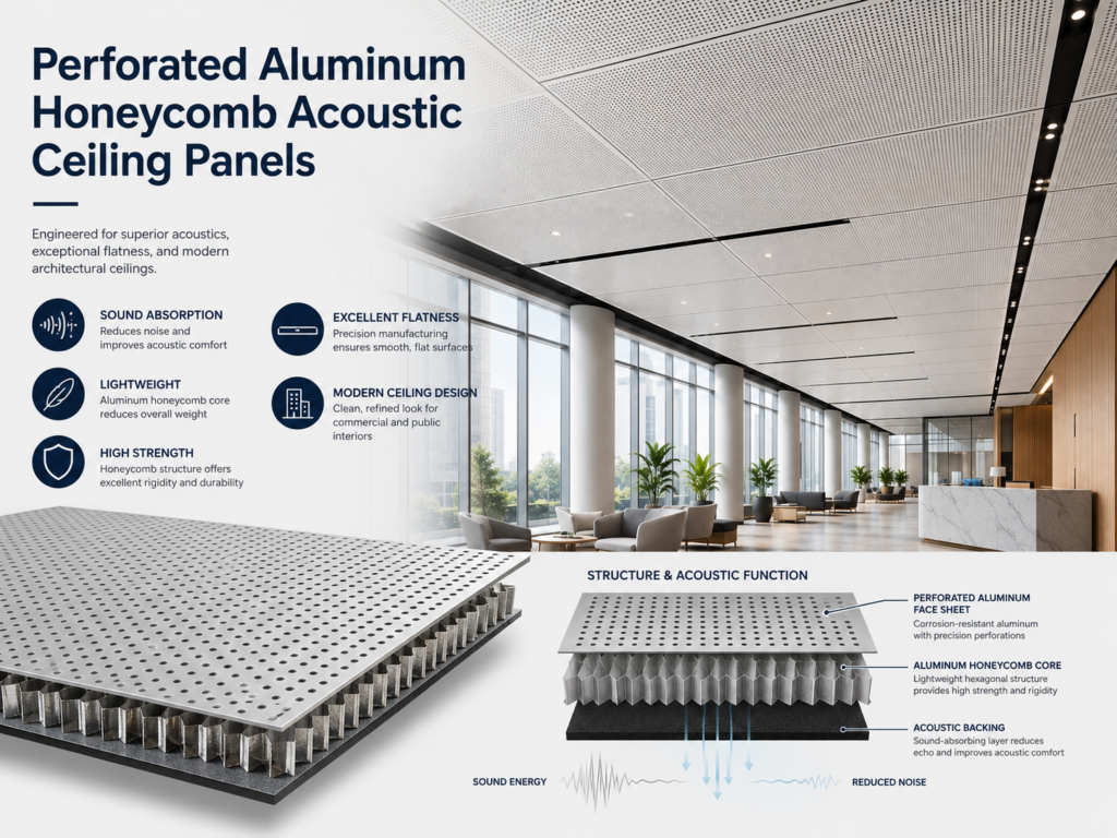 Perforated aluminum honeycomb acoustic ceiling panels