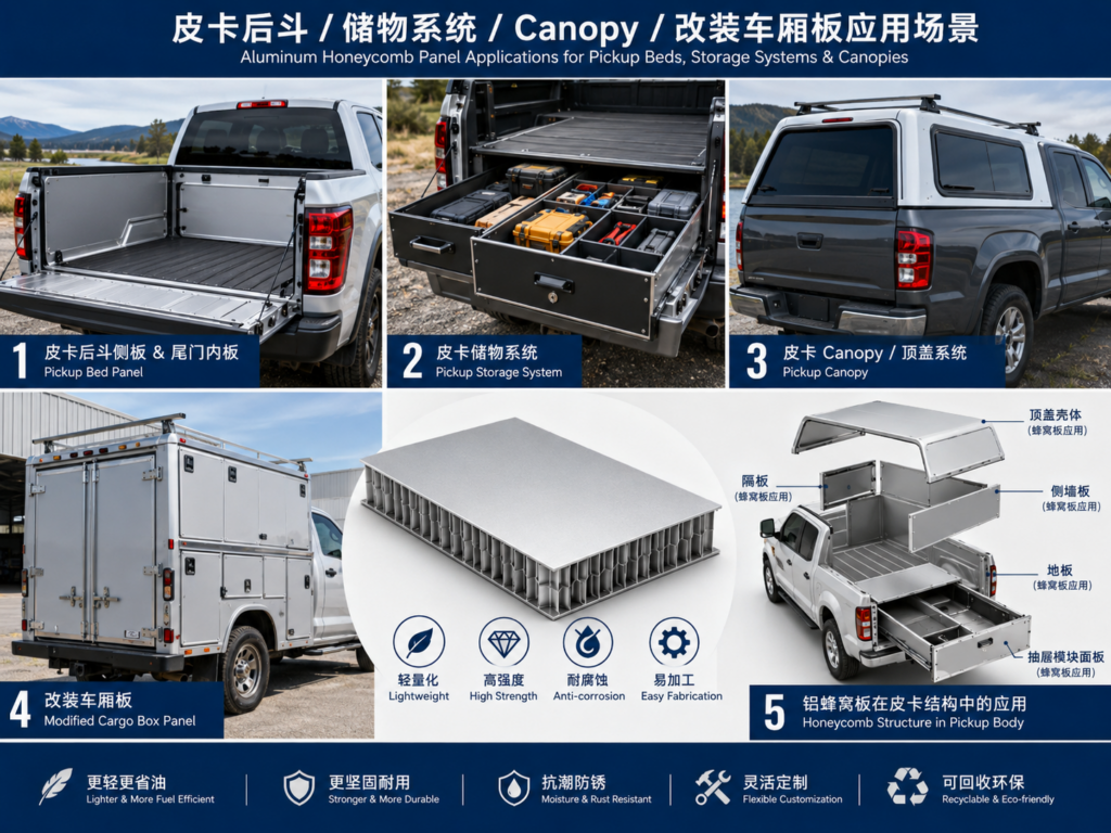 Aluminum honeycomb panel for pickup truck bed and canopy applications