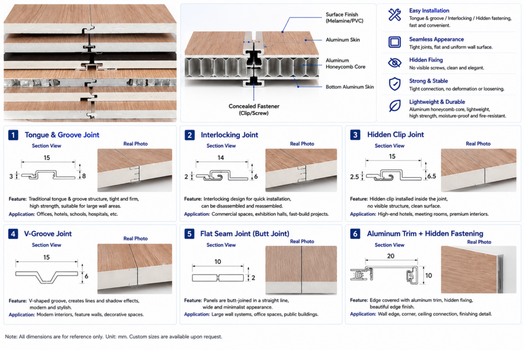 tongue and groove aluminum honeycomb wall panel connection system