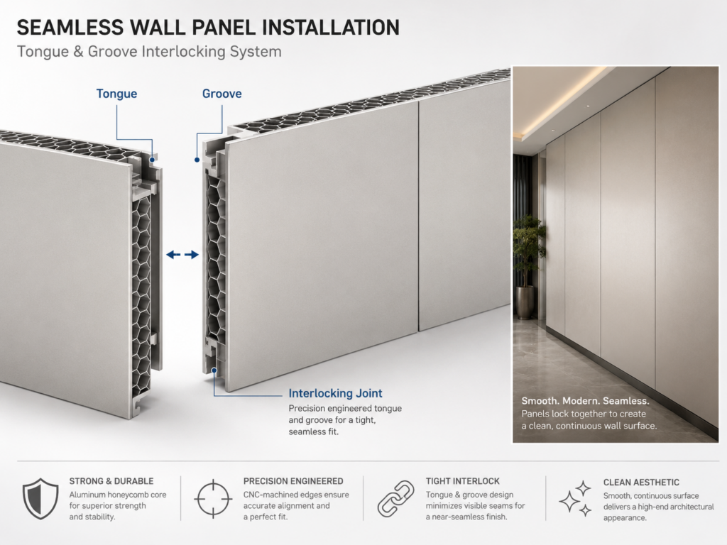 tongue and groove system for seamless wall panel installation