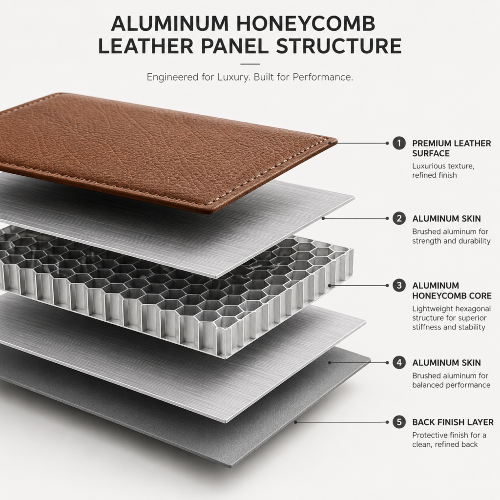 Aluminum honeycomb leather panel structure for luxury interior applications