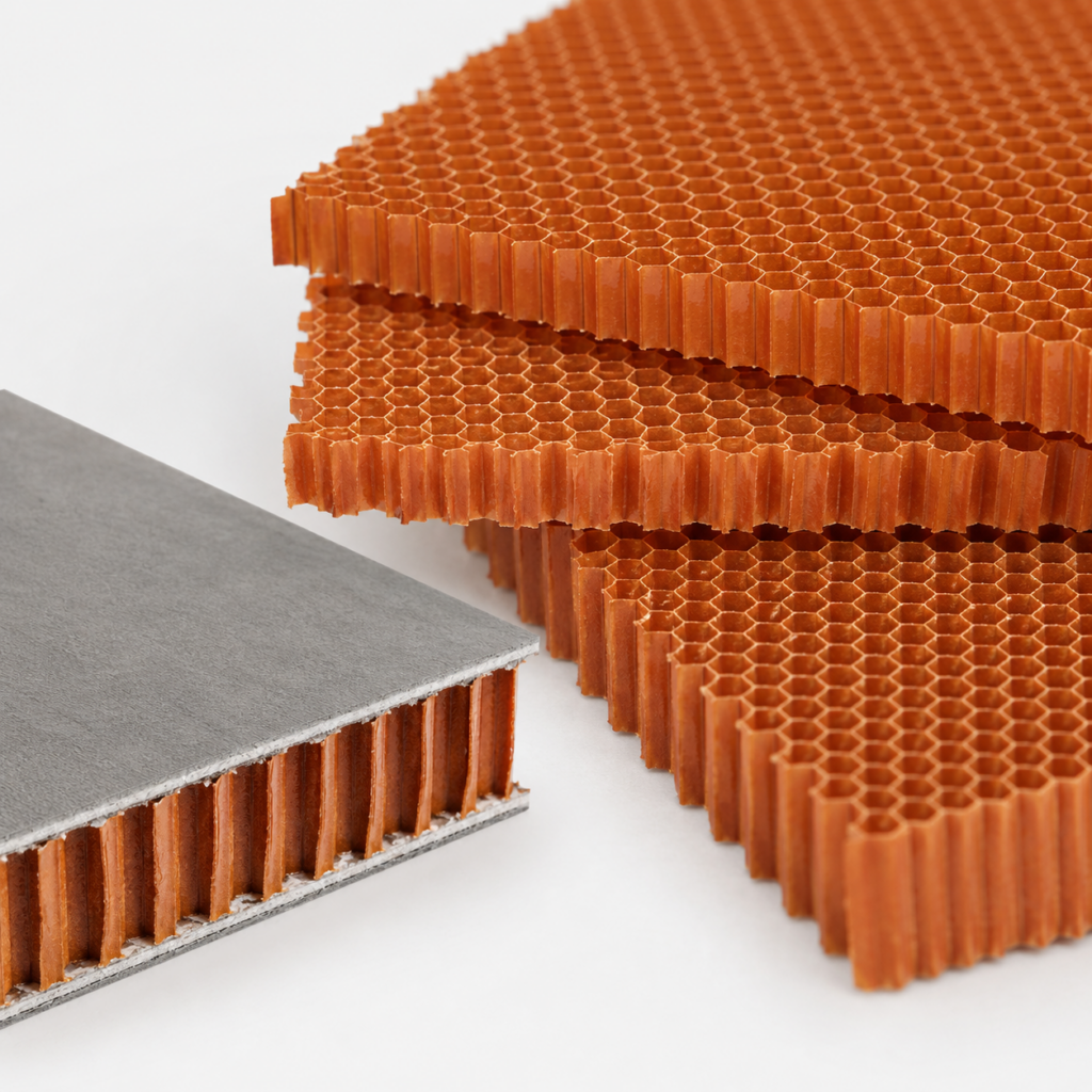 Aramid honeycomb core sample with lightweight hexagonal cell structure