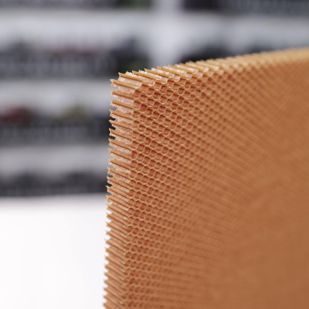 Close-up view of aramid honeycomb core hexagonal cell structure