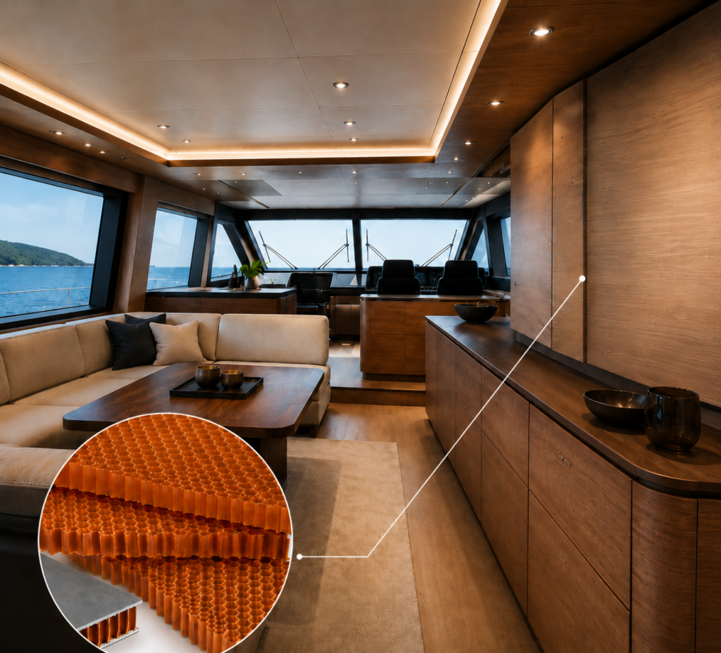 Marine yacht interior panel using aramid honeycomb composite material