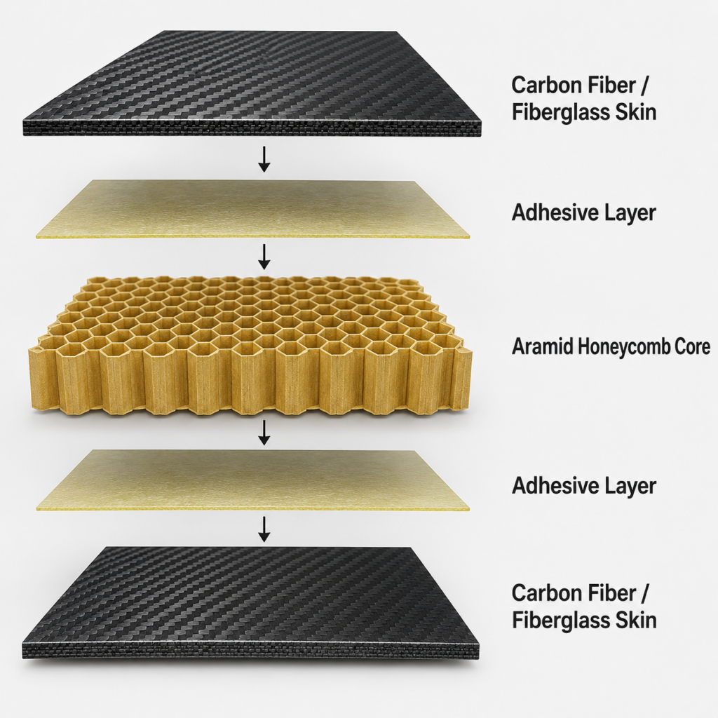 Aramid honeycomb sandwich panel structure with composite skins