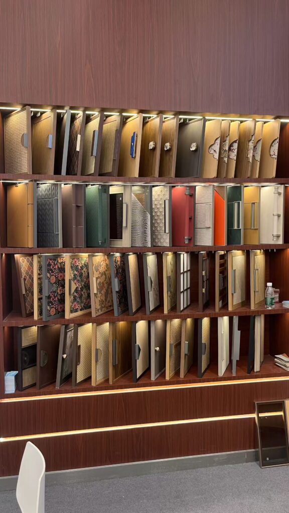 Luxury leather interior solutions panel collection showroom with custom door and furniture finishes