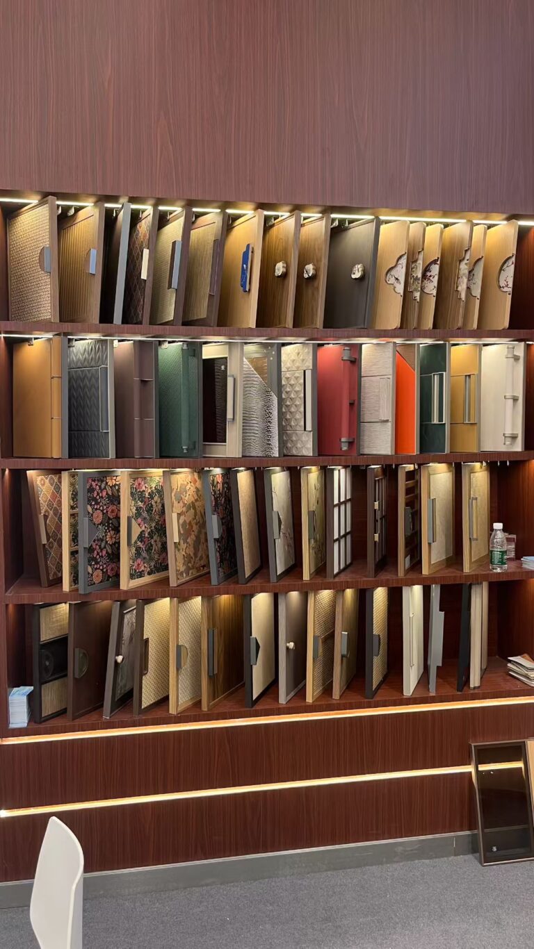 Luxury leather interior solutions panel collection showroom with custom door and furniture finishes