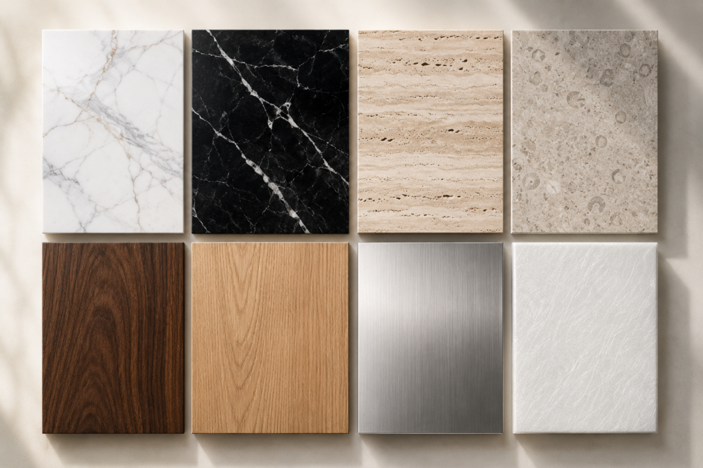 Premium decorative surface finishes for aluminum honeycomb panels including marble, stone, wood grain and fiberglass